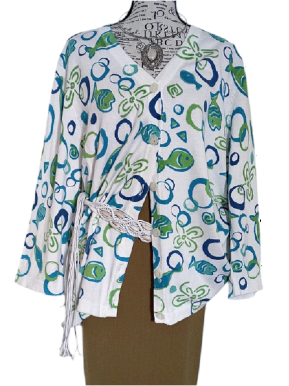 Pierri Blue Green Fish Printed Button Front Cardigan Plus 3X Knitwear